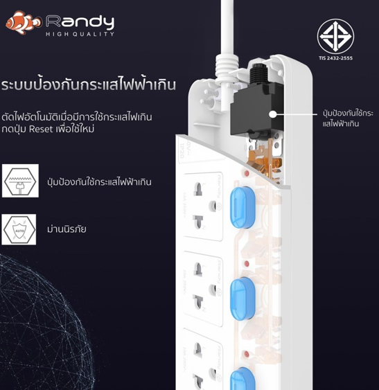 No.3 Randy88series ปลั๊ก ปลั๊กไฟ กันไฟสองชั้นมอก. 3M 5M ปลั๊กไฟUSB 10A 2300W สายไฟ 100%ทองแดง รางปลั๊กไฟ วัสดุทนไฟ No.3 Randy88series ปลั๊ก ปลั๊กไฟ กันไฟสองชั้นมอก. 3M 5M ปลั๊กไฟUSB 10A 2300W สายไฟ 100%ทองแดง รางปลั๊กไฟ วัสดุทนไฟ